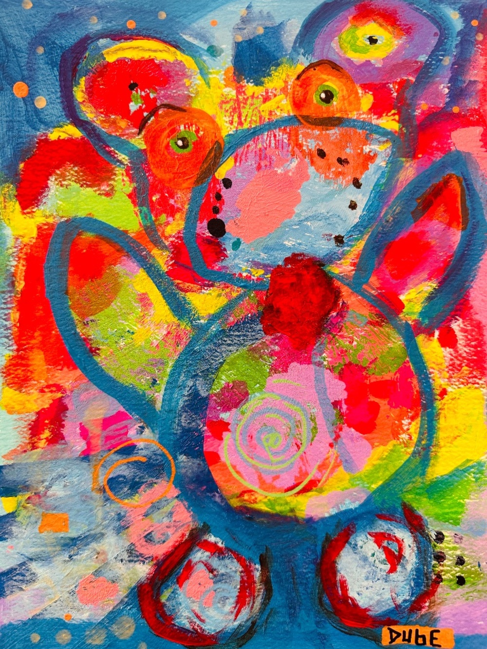 Original Abstract Bear Painting Acrylic Small Colorful Paper 9x12" One-of-a-Kind